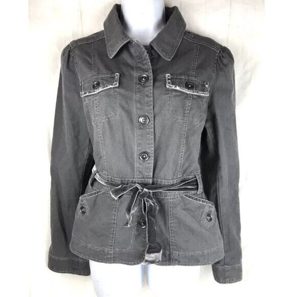 LOFT Gray Button Cotton Jacket Tie Waist Sz 8 Stretch - Picture 1 of 6